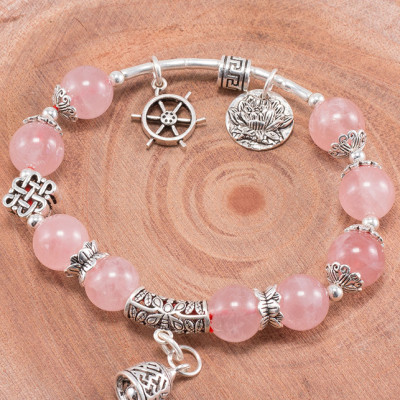 Vòng tay thạch anh hồng phối charm chuông bạc (8mm) Ngọc Quý Gemstones