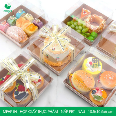 MFHP1N - 10.5x10.5x6 cm - 50 hộp giấy kraft thực phẩm màu nâu nắp Pet, hộp giấy vuông đựng thức ăn, hộp bánh nắp trong