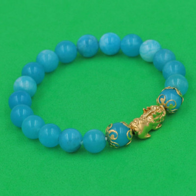 Chuỗi đeo tay Đá Ngọc Tủy Xanh Biển 8 ly - cẩn Tỳ Hưu Phong Thủy inox vàng VGTXBTHHKV8 - hợp mệnh Mộc, mệnh Thủy