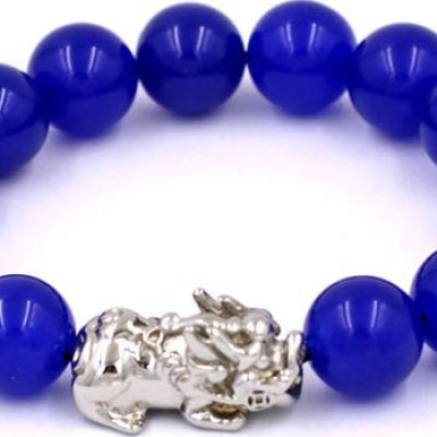 Chuỗi đeo tay thạch anh xanh dương 12 ly - cẩn Tỳ Hưu inox VTAXDTHT12 - kèm hộp nhung - hợp mệnh Mộc, mệnh Thủy