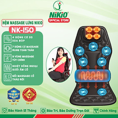 Nệm (đệm) massage ô tô cao cấp Nikio NK-150 - Con lăn 3D xoa bóp cổ vai gáy, kết hợp nhiệt nóng sưởi ấm lưng, cổ và rung toàn thân tạo cảm giác thư giản, túi khí nâng đỡ cột sống lưng