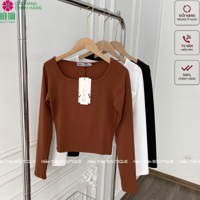 Áo croptop tay dài Hiền Trần BOUTIQUE cổ vuông vải thun ôm body crotop nữ cotton co giãn tốt