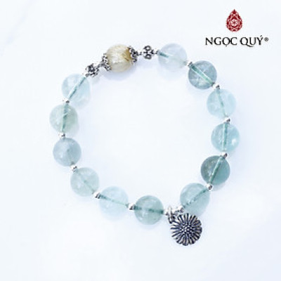 Vòng tay đá Prehnite phối thạch anh tóc vàng charm hoa bạc - Ngọc Quý