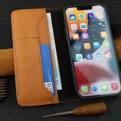 Bao da cho ·điện thoại 12 pro max, 13 pro max handmade dạng ví da bò thật