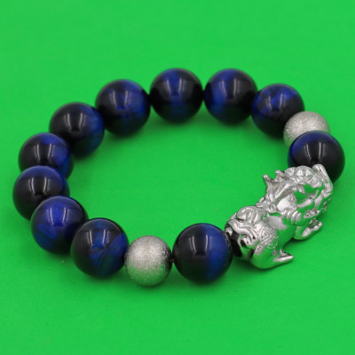 Vòng tay Đá Mắt Hổ Xanh Đen 14 ly charm Tỳ Hưu inox bạc VMHXETHHBT14 - hợp mệnh Mộc, mệnh Thủy - Vòng đeo tay size lớn