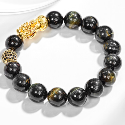 Vòng Tay Nam Đá Mắt Hổ Xanh Đen Phối Tỳ Hưu Bạc Mạ Vàng 24K Ngọc Quý Gemstones