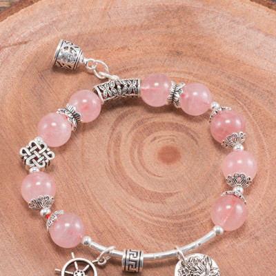 Vòng tay thạch anh hồng phối charm chuông bạc (8mm) Ngọc Quý Gemstones