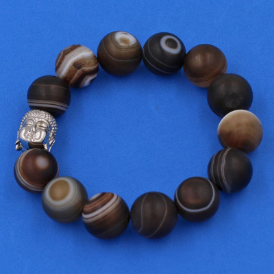 Vòng đeo tay Mã Não Nâu Sọc mờ 14 ly cẩn hạt Phật A Di Đà inox bạc VMNNSMNLT14 - hợp mệnh Kim, mệnh Thổ