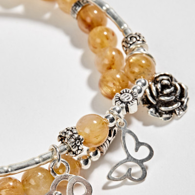 Vòng 2 Line Thạch Anh Tóc Vàng Phối Charm Hoa Bạc (6mm) Ngọc Quý Gemstones