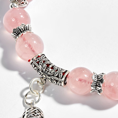 Vòng tay thạch anh hồng phối charm chuông bạc (8mm) Ngọc Quý Gemstones