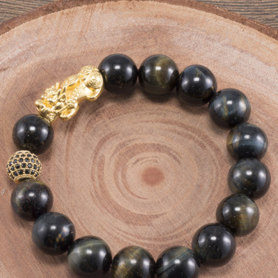 Vòng Tay Nam Đá Mắt Hổ Xanh Đen Phối Tỳ Hưu Bạc Mạ Vàng 24K Ngọc Quý Gemstones