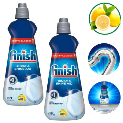 Combo 2 chai nước làm bóng và khô bát, đĩa Finish nhập khẩu Châu Âu Dishwasher Rinse & Shine Aid Lemon 400ml - hương chanh (2x400ml)