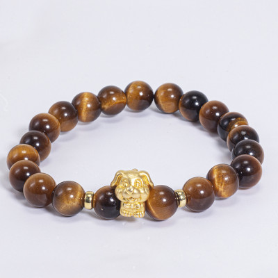 Vòng Tay Phong Thủy Đá Mắt Hổ Vàng Nâu Phối Charm Tuổi Tuất Bạc Mạ Vàng 24K (8mm) Mệnh Thổ, Kim Ngọc Quý Gemstones