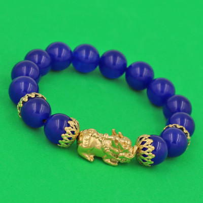 Vòng tay Thạch Anh Xanh Dương 12 ly - cẩn Tỳ Hưu Phong Thủy inox vàng VTAXDTHBKV12