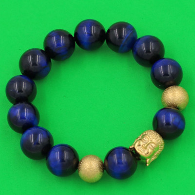 Chuỗi hạt đeo tay Đá Mắt Hổ Xanh Dương 14 ly - Vòng tay Phật A Di Đà inox vàng VMHXENLVHB14 - hợp mệnh Mộc, mệnh Thủy - Vòng đeo tay size lớn