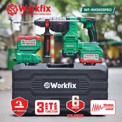 [Tặng Quạt Workfix 8 Inch + 1 Bộ Mũi Khoan Đục Bê Tông] Máy Khoan Đục Bê Tông 3 Chức Năng Dùng Pin 21V Workfix - WF-RH3003PRO - Có Anti-kickback, Giảm Rung RVT - 6 Tốc Độ - Chân Pin Phổ thông 2 Pin 21V/6Ah - Động Cơ Từ Lõi Đồng