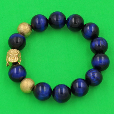 Chuỗi hạt đeo tay Đá Mắt Hổ Xanh Dương 14 ly - Vòng tay Phật A Di Đà inox vàng VMHXENLVHB14 - hợp mệnh Mộc, mệnh Thủy - Vòng đeo tay size lớn