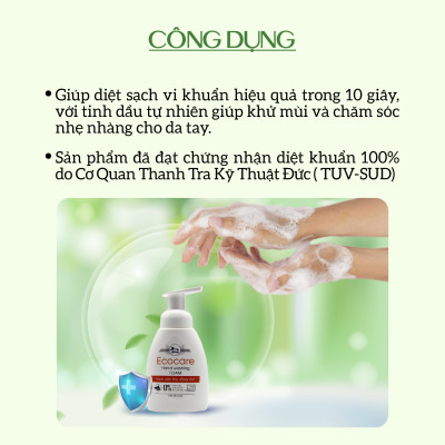 Nước rửa tay hữu cơ diệt khuẩn dạng bọt hương Nhài 1000ml thương hiệu Ecocare ( tặng kèm vỏ tạo bọt)