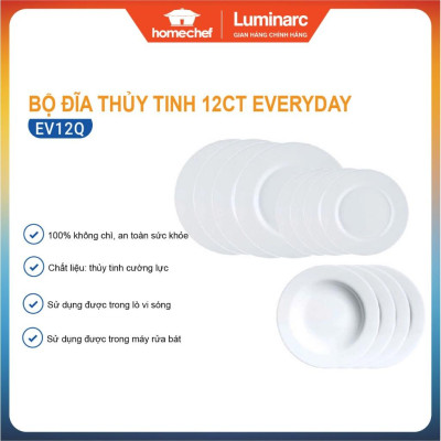 Bộ đĩa (dĩa) thủy tinh Luminarc Everyday 12 chi tiết EV12Q, dùng lò vi sóng, máy rửa bát