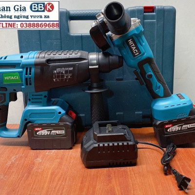Bộ Combo 2 Máy Gồm Máy Khoan Đục Bê Tông Và Máy Cắt, Máy Mài Cầm Tay Dùng Pin 15 Cell 199V Lõi Đồng - Động Cơ Không Than (Bảo Hành 1 Năm)