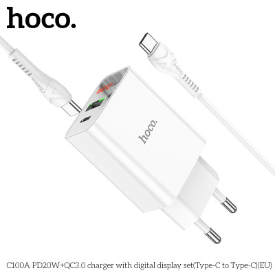 Bộ Sạc Nhanh Dành Cho Hoco C100A Pd20W Qc3.0 Type-C To Type-C Có Đèn Led Dây Dài 1M Hàng Chính Hãng