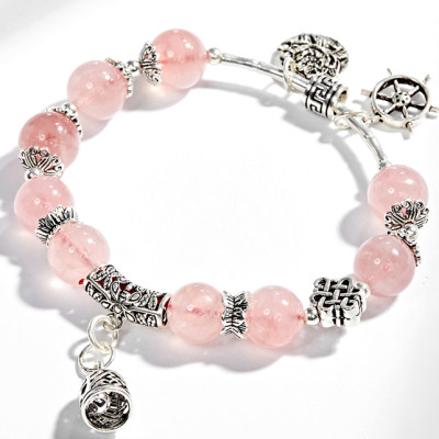 Vòng tay thạch anh hồng phối charm chuông bạc (8mm) Ngọc Quý Gemstones