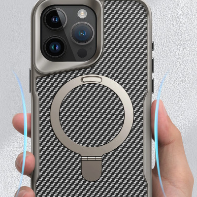 Ốp lưng cho iPhone 15 Pro Max, iPhone 15 Pro hiệu Likgus Fiber hỗ trợ sạc không dây, kèm kệ chống lưng, vân carbon chống trơn trượt, chống sốc cao cấp - Hàng chính hãng