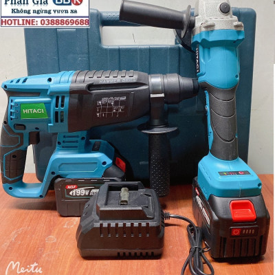 Bộ Combo 2 Máy Gồm Máy Khoan Đục Bê Tông Và Máy Cắt, Máy Mài Cầm Tay Dùng Pin 15 Cell 199V Lõi Đồng - Động Cơ Không Than (Bảo Hành 1 Năm)