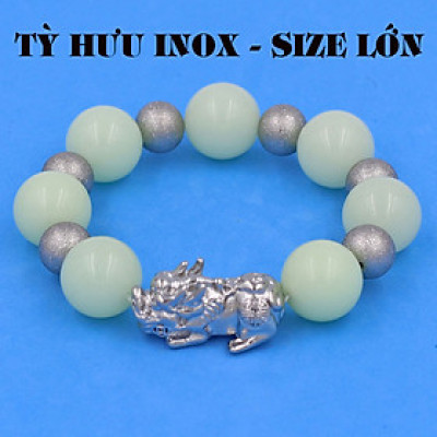 Vòng chuỗi đeo tay đá dạ quang 14 ly ( size lớn ) charm tỳ hưu và bi inox, vòng tay chuỗi hạt