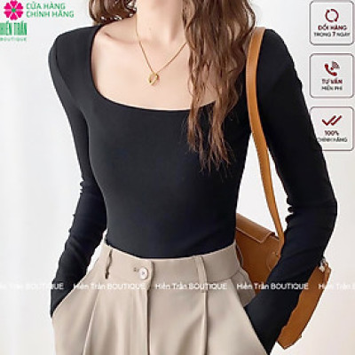 Áo croptop tay dài Hiền Trần BOUTIQUE cổ vuông vải thun ôm body crotop nữ cotton co giãn tốt