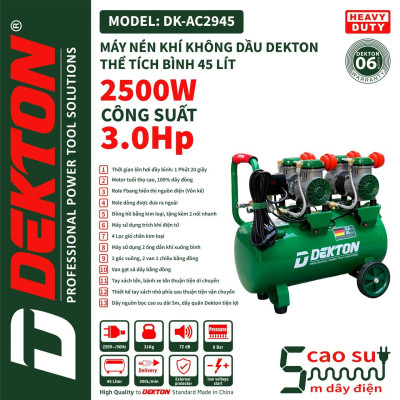 MÁY NÉN KHÍ KHÔNG DẦU 45L 2500W DEKTON DK-AC2945 - HÀNG CHÍNH HÃNG