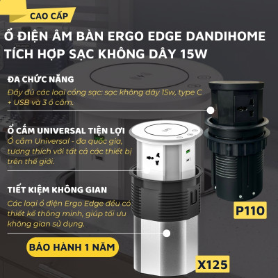 Ổ điện âm bàn Ergo Edge DandiHome tích hợp sạc không dây 15w - bảo hành 12 tháng