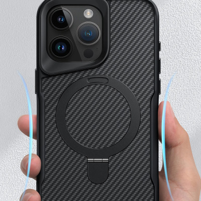 Ốp lưng cho iPhone 14 Pro Max, iPhone 13 Pro Max, iPhone 12 Pro Max  hiệu Likgus Fiber hỗ trợ sạc không dây, kèm kệ chống lưng, vân carbon chống trơn trượt, chống sốc cao cấp - Hàng chính hãng.