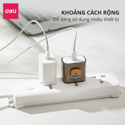 Ổ Cắm Điện Đa Năng Kèm Cổng USB Có Công Tắc Tải 2500W Nắp Chống Giật Chống Cháy Chất Lượng Cao Deli - Dây 2M/3M/5M - ET401 411