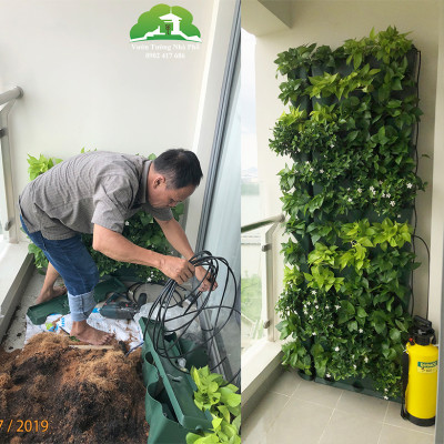 Chậu Trang Trí Cây Ban Công Đứng Vertical nhập khẩu Minigarden Bồ Đào Nha KÈM giải pháp Tưới Nhỏ Giọt Bán tự động dù ban công KHÔNG có vòi cấp nước (gồm 8 tầng Module + 1 Tray nước + Bộ tưới)