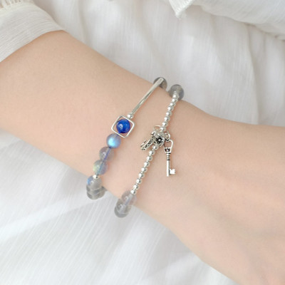 Vòng 2 line đá xà cừ ánh xanh phối charm khóa mệnh thủy, kim - Ngọc Quý Gemstones