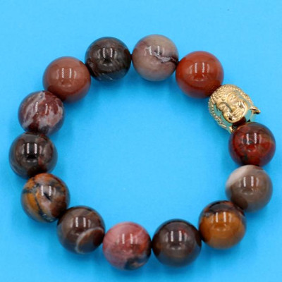 Chuỗi đeo tay gỗ hóa thạch 14 ly - cẩn hạt Như Lai Inox vàng VGHTNLV14 - hợp tất cả các mệnh