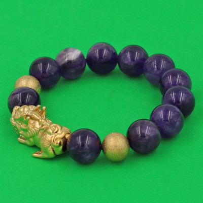 Vòng chuỗi đeo tay đá thạch anh tím than 14 ly ( size lớn ) charm tỳ hưu và bi inox vàng, vòng tay chuỗi hạt