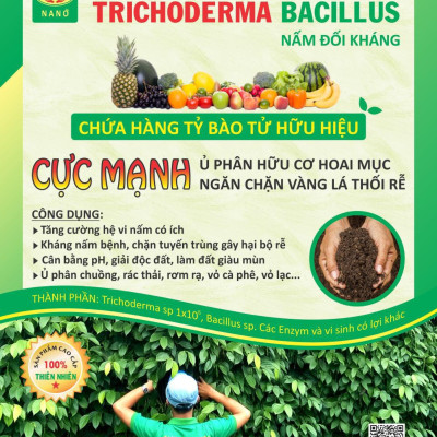 Combo 10 gói Chế phẩm vi sinh Trichoderma TRIBAC. Nấm đối kháng cực mạnh. Ngăn chặn tuyến trùng, nấm bệnh gây vàng lá thối rễ. Ủ phân chuồng hoai mục