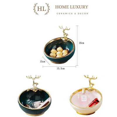 Bát Sứ Đựng Kẹo - Chìa Khóa - Phụ Kiện Decor 2022 | Âu Sứ Decor Kẻ Vàng Kim Vân Nổi Hình Hươu Mạ Vàng ( Hàng Có Sẵn )