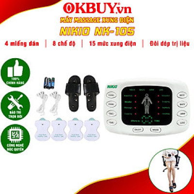 Máy Massage Xung Điện Nikio NK-105 - Máy Mát Xa 4 Miếng Dán + Dép Matxa Bàn Chân - 8 Chế Độ và 15 Cấp Độ Tùy Chỉnh, Giảm Đau Nhức Toàn Thân, Cải Thiện Tê Bì Chân