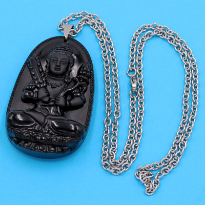 Dây chuyền mặt Hư Không Tạng Bồ Tát - thạch anh đen 5cm DITTEN6 - dây inox - tuổi Sửu, Dần