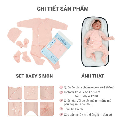 Set quần áo cài chéo 5 món vải modal làm từ sợi cây sồi siêu mềm và thoáng khí  Comfybaby size sơ sinh Newborn