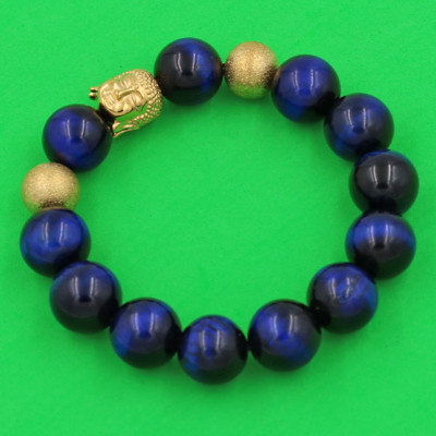 Chuỗi hạt đeo tay Đá Mắt Hổ Xanh Dương 14 ly - Vòng tay Phật A Di Đà inox vàng VMHXENLVHB14 - hợp mệnh Mộc, mệnh Thủy - Vòng đeo tay size lớn