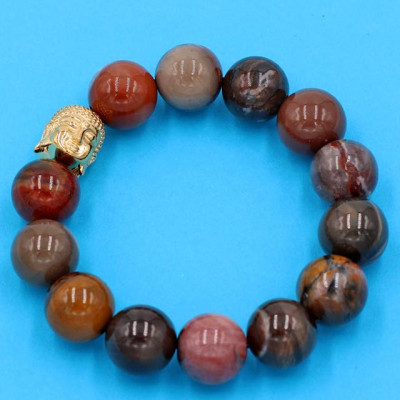 Chuỗi đeo tay gỗ hóa thạch 14 ly - cẩn hạt Như Lai Inox vàng VGHTNLV14 - hợp tất cả các mệnh