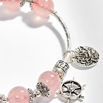 Vòng tay thạch anh hồng phối charm chuông bạc (8mm) Ngọc Quý Gemstones