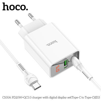 Bộ Sạc Nhanh Dành Cho Hoco C100A Pd20W Qc3.0 Type-C To Type-C Có Đèn Led Dây Dài 1M Hàng Chính Hãng