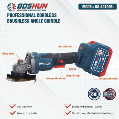 MÁY MÀI PIN BOSHUN BS_AG100BL K CHỔI THAN- ĐỘNG CƠ TỪ LÕI ĐỒNG - CHÂN PIN PHỔ THÔNG - BỘ GỒM 2 PIN 15Cell