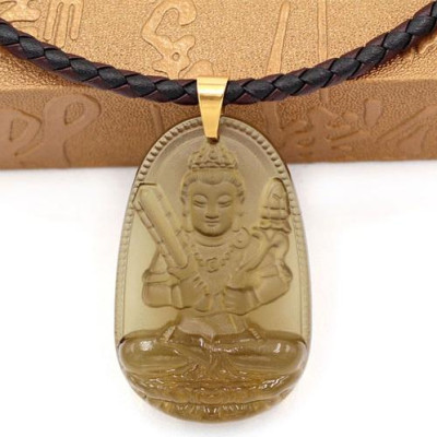 Dây chuyền mặt Hư Không Tạng Bồ Tát thạch anh khói 5cm + dây da - phật bản mệnh tuổi Sửu, tuổi Dần