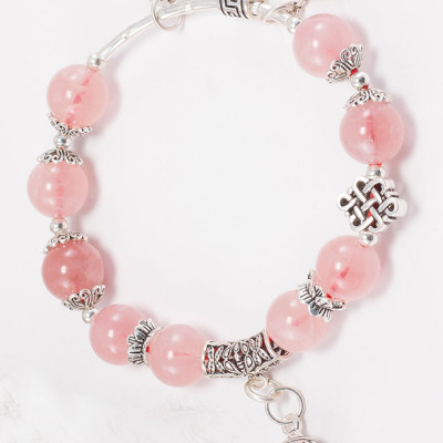 Vòng tay thạch anh hồng phối charm chuông bạc (8mm) Ngọc Quý Gemstones